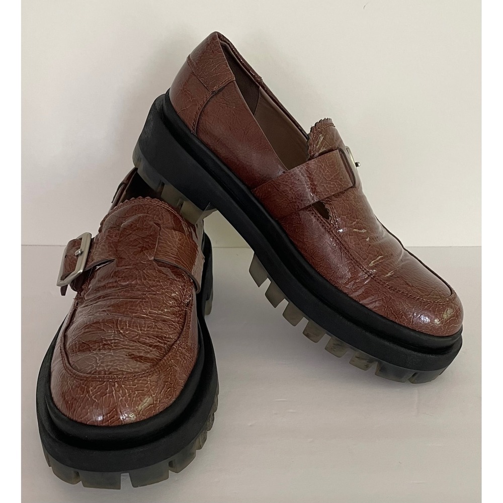 Free People‎ Mackenzie MJ Brown Patent Loafers Chunky Platform Sole 37.5 / 7.5